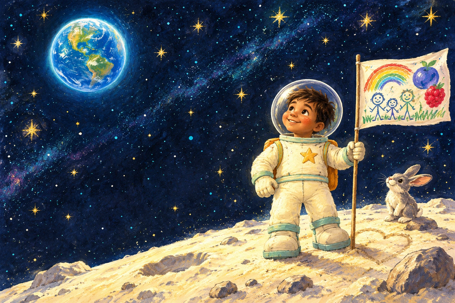 Henry in his star spacesuit stands on the moon beside his rainbow family flag and a little rabbit. Earth shines above.